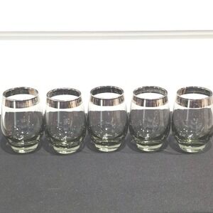 Vintage MCM Drinkware Smoke Green‎ Barware Metallic Trim Retro Stemless Set of 5